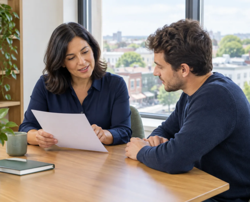Family business owner discussing health plan eligibility for an immigrant relative before a green card